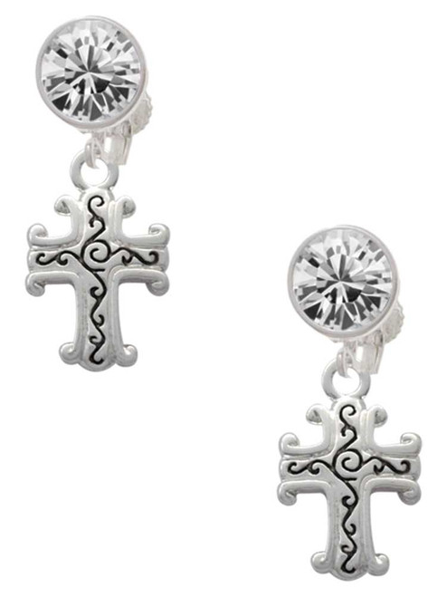 Silver Plated Scroll Cross with Antiqued Decoration - Crystal Clip on Earrings: Color Choice - Red, Green, Blue, Purple, Pink, Clear, Black