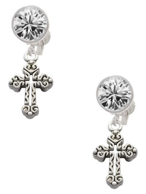 Silver Plated Antiqued Budded Cross - Crystal Clip on Earrings: Color Choice - Red, Green, Blue, Purple, Pink, Clear, Black