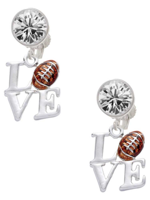 Silver Plated Love with Football - Crystal Clip on Earrings: Color Choice - Red, Green, Blue, Purple, Pink, Clear, Black
