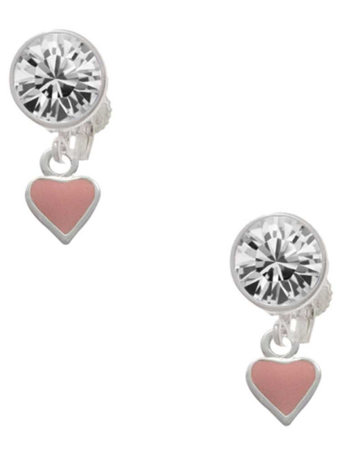 Silver Plated Mini Two Sided Pink Heart - Crystal Clip on Earrings: Color Choice - Red, Green, Blue, Purple, Pink, Clear, Black