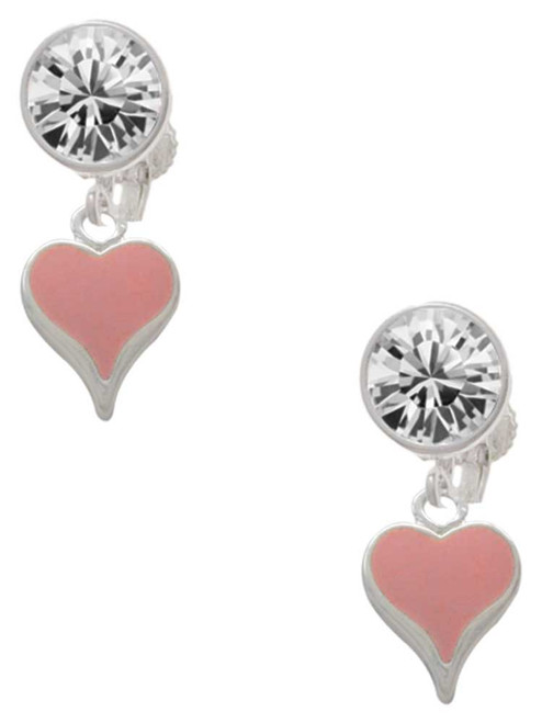 Silver Plated Small Long Pink Heart - Crystal Clip on Earrings: Color Choice - Red, Green, Blue, Purple, Pink, Clear, Black