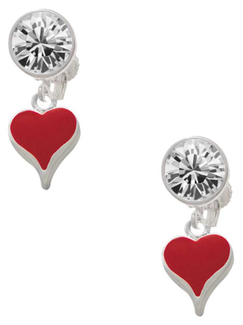 Silver Plated Small Long Red Heart - Crystal Clip on Earrings: Color Choice - Red, Green, Blue, Purple, Pink, Clear, Black