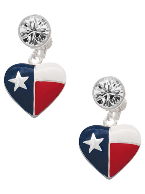 Silver Plated Texas Lone Star Heart - Crystal Clip on Earrings: Color Choice - Red, Green, Blue, Purple, Pink, Clear, Black