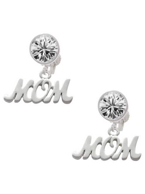 Silver Plated Mom - Crystal Clip on Earrings: Color Choice - Red, Green, Blue, Purple, Pink, Clear, Black