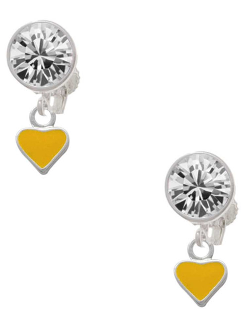 Silver Plated Mini Two Sided Yellow Heart - Crystal Clip on Earrings: Color Choice - Red, Green, Blue, Purple, Pink, Clear, Black