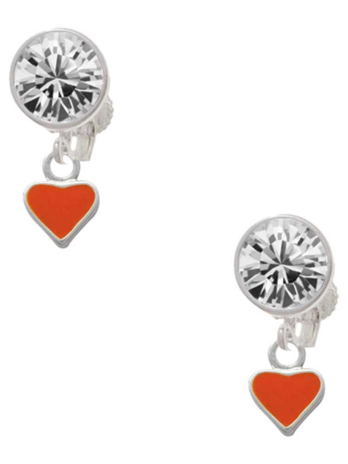 Silver Plated Mini Two Sided Orange Heart - Crystal Clip on Earrings: Color Choice - Red, Green, Blue, Purple, Pink, Clear, Black