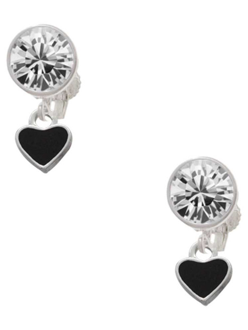Silver Plated Mini Two Sided Black Heart - Crystal Clip on Earrings: Color Choice - Red, Green, Blue, Purple, Pink, Clear, Black