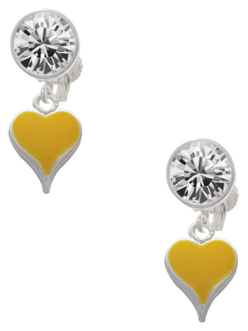 Silver Plated Small Long Yellow Heart - Crystal Clip on Earrings: Color Choice - Red, Green, Blue, Purple, Pink, Clear, Black