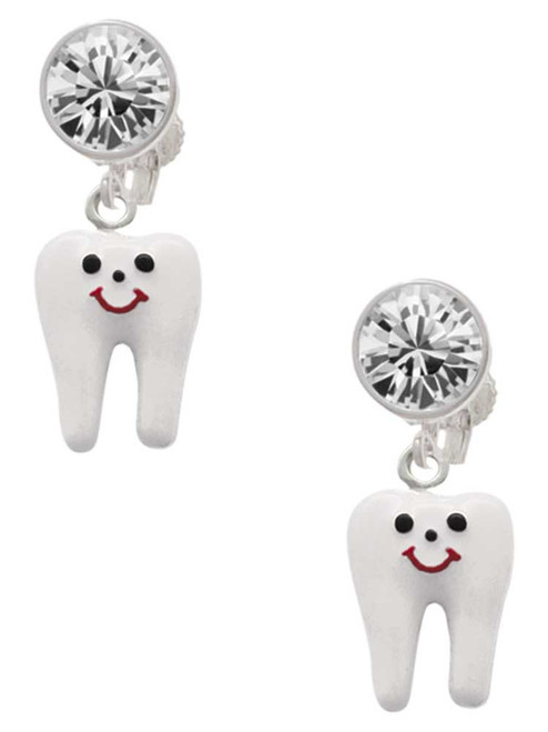 Silver Plated Enamel Smiling Tooth - Crystal Clip on Earrings: Color Choice - Red, Green, Blue, Purple, Pink, Clear, Black