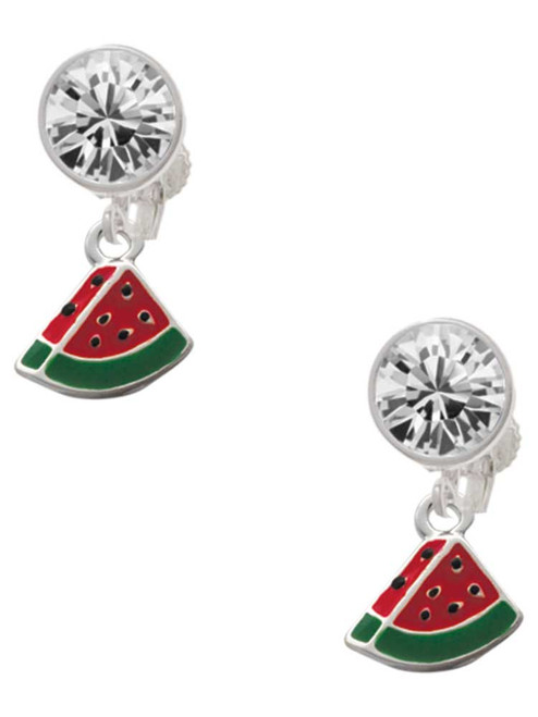 Silver Plated Mini Enamel Watermelon Slice - Crystal Clip on Earrings: Color Choice - Red, Green, Blue, Purple, Pink, Clear, Black