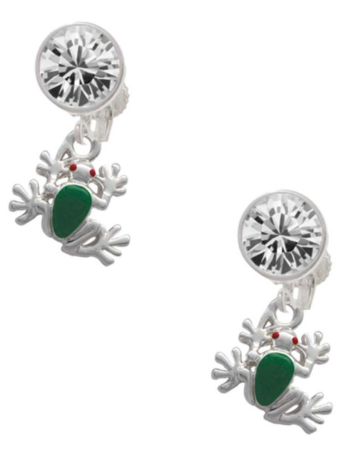 Silver Plated Mini Green Tree Frog - Crystal Clip on Earrings: Color Choice - Red, Green, Blue, Purple, Pink, Clear, Black