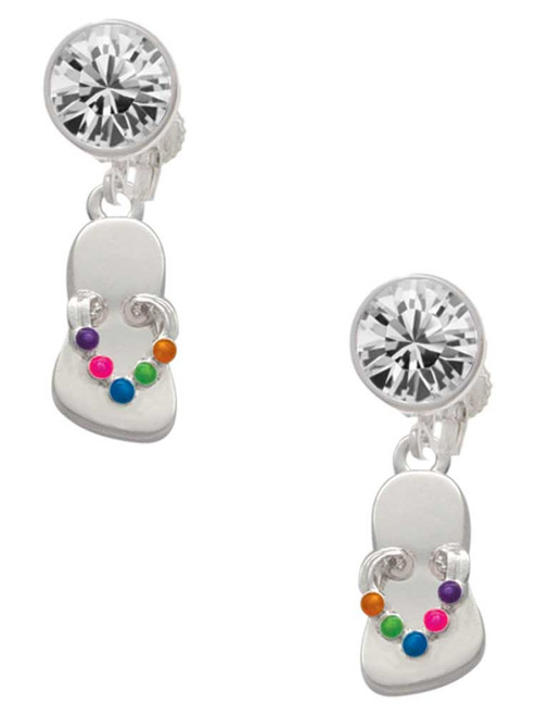 Silver Plated Multicolored Flip Flop - Crystal Clip on Earrings: Color Choice - Red, Green, Blue, Purple, Pink, Clear, Black