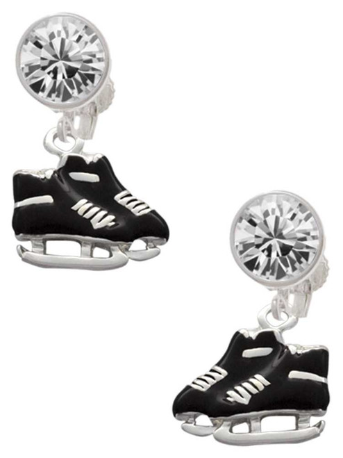 Silver Plated Black Ice Skates - Crystal Clip on Earrings: Color Choice - Red, Green, Blue, Purple, Pink, Clear, Black