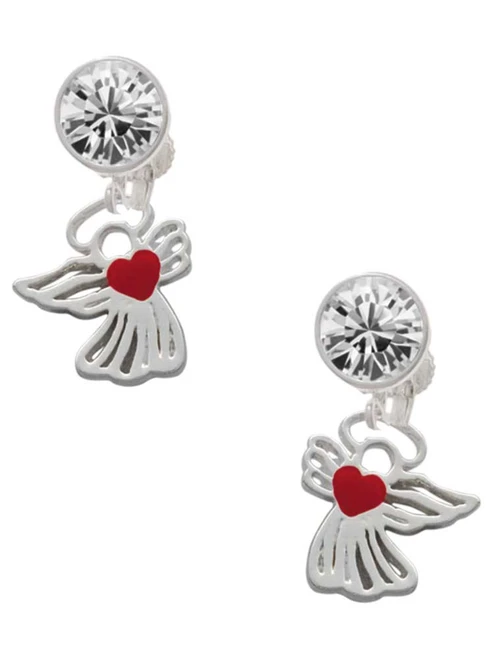 Silver Plated Lined Angel with Red Heart - Crystal Clip on Earrings: Color Choice - Red, Green, Blue, Purple, Pink, Clear, Black
