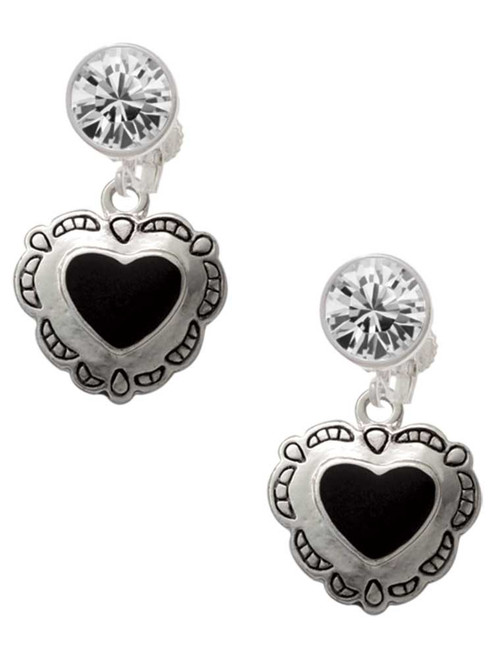 Silver Plated Black Concho Heart - Crystal Clip on Earrings: Color Choice - Red, Green, Blue, Purple, Pink, Clear, Black