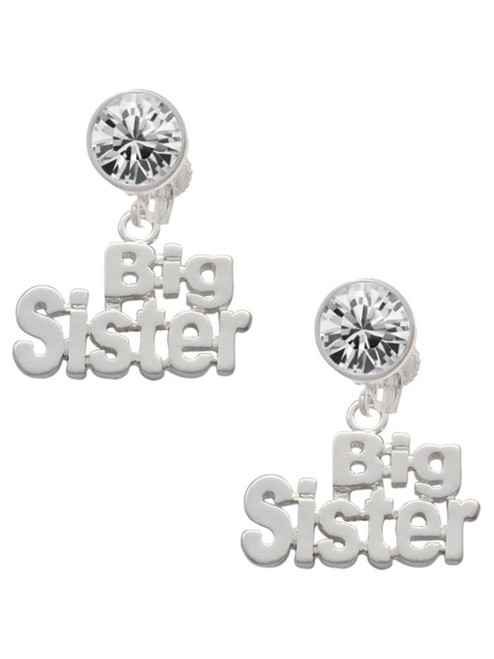 Silver Plated Big Sister Cutout - Crystal Clip on Earrings: Color Choice - Red, Green, Blue, Purple, Pink, Clear, Black