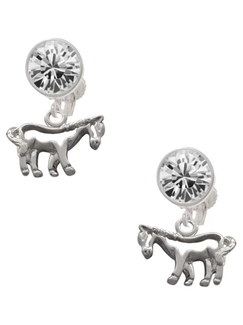 Silver Plated Horse - Outline - Crystal Clip on Earrings: Color Choice - Red, Green, Blue, Purple, Pink, Clear, Black