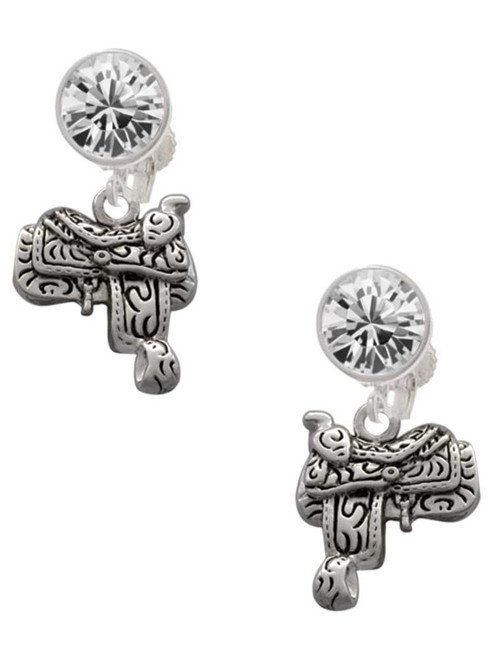 Silver Plated Saddle - Crystal Clip on Earrings: Color Choice - Red, Green, Blue, Purple, Pink, Clear, Black