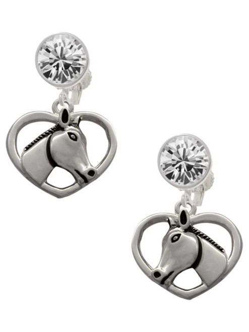 Silver Plated Heart with Horse Head - Crystal Clip on Earrings: Color Choice - Red, Green, Blue, Purple, Pink, Clear, Black