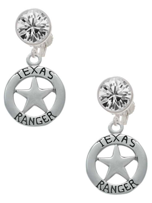 Silver Plated Texas Ranger Badge - Crystal Clip on Earrings: Color Choice - Red, Green, Blue, Purple, Pink, Clear, Black