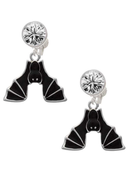 Silver Plated Hanging Bat - Crystal Clip on Earrings: Color Choice - Red, Green, Blue, Purple, Pink, Clear, Black