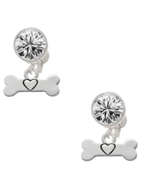Silver Plated Dog Bone with Heart - Crystal Clip on Earrings: Color Choice - Red, Green, Blue, Purple, Pink, Clear, Black