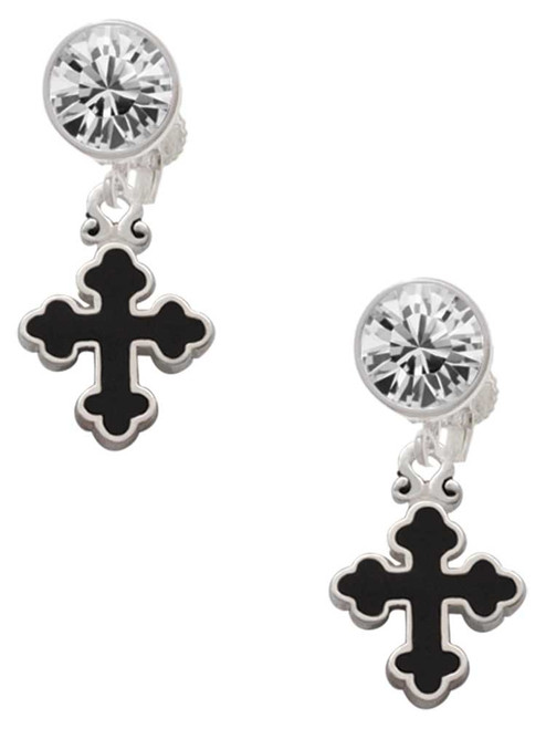 Silver Plated Small Black Enamel Botonee Cross - Crystal Clip on Earrings: Color Choice - Red, Green, Blue, Purple, Pink, Clear, Black