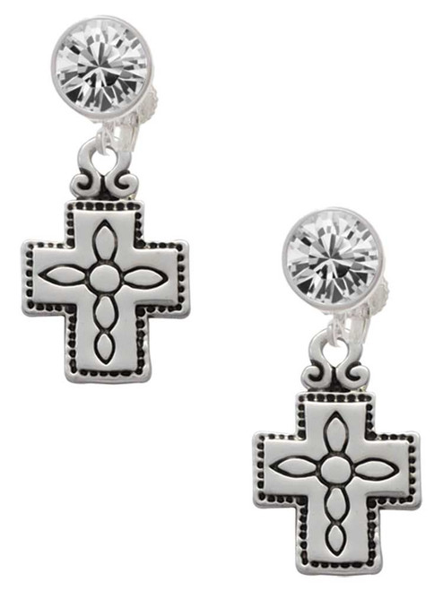 Silver Plated Large Southwestern Antiqued Cross - Crystal Clip on Earrings: Color Choice - Red, Green, Blue, Purple, Pink, Clear, Black