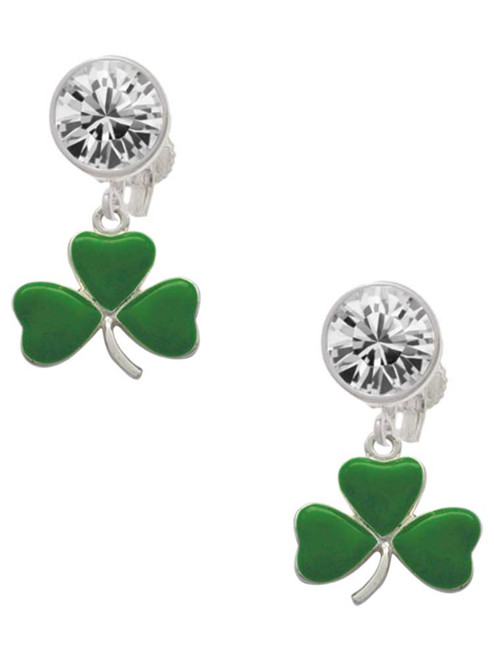 Silver Plated Green Three Leaf Clover - Shamrock - Crystal Clip on Earrings: Color Choice - Red, Green, Blue, Purple, Pink, Clear, Black