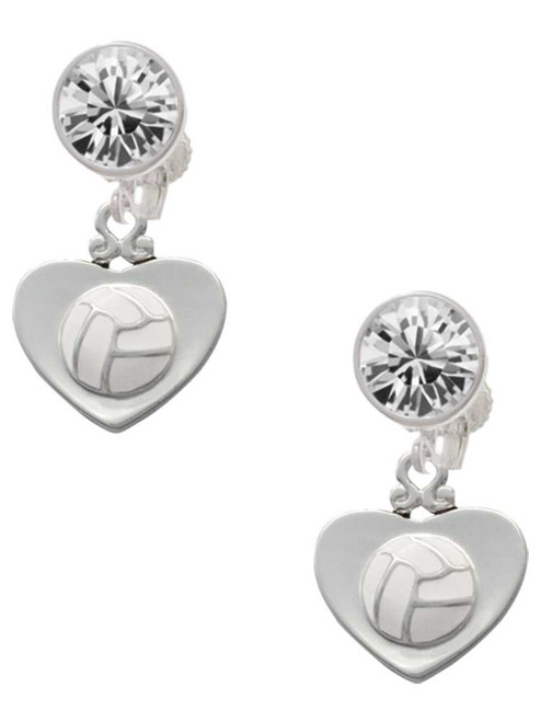 Silver Plated Volleyball in Heart - Crystal Clip on Earrings: Color Choice - Red, Green, Blue, Purple, Pink, Clear, Black