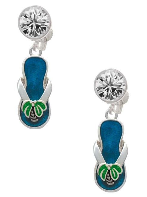 Silver Plated Tropical Blue Flip Flop with Palm Tree - Crystal Clip on Earrings: Color Choice - Red, Green, Blue, Purple, Pink, Clear, Black
