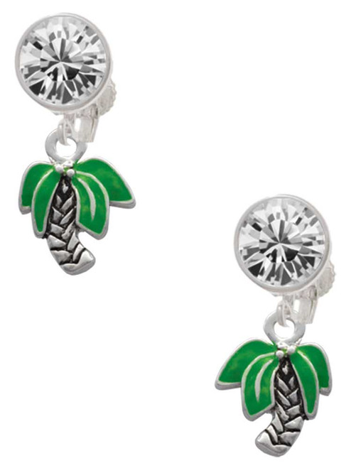 Silver Plated Mini Enamel Palm Tree - Crystal Clip on Earrings: Color Choice - Red, Green, Blue, Purple, Pink, Clear, Black