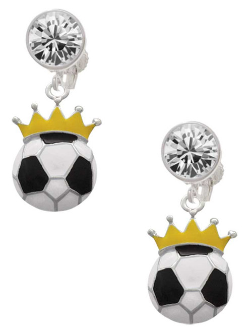 Silver Plated Soccer ball - Crown - Crystal Clip on Earrings: Color Choice - Red, Green, Blue, Purple, Pink, Clear, Black