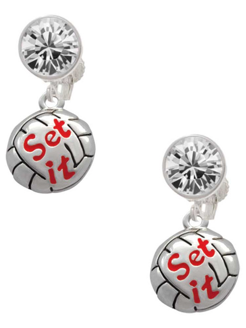 Silver Plated Volleyball - ''Set It'' - Crystal Clip on Earrings: Color Choice - Red, Green, Blue, Purple, Pink, Clear, Black