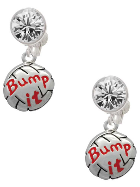 Silver Plated Volleyball - ''Bump It'' - Crystal Clip on Earrings: Color Choice - Red, Green, Blue, Purple, Pink, Clear, Black