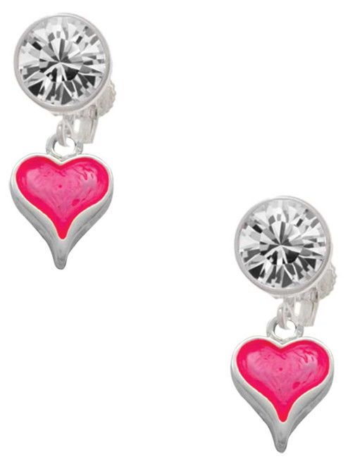 Silver Plated Small Long Hot Pink Heart - Crystal Clip on Earrings: Color Choice - Red, Green, Blue, Purple, Pink, Clear, Black