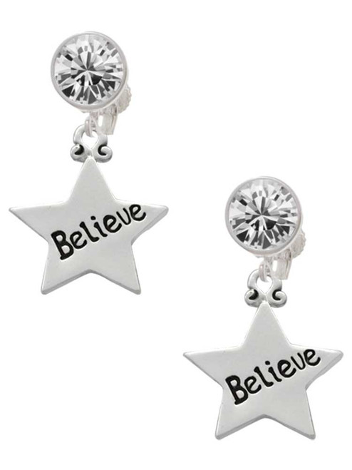 Silver Plated Believe Star - Crystal Clip on Earrings: Color Choice - Red, Green, Blue, Purple, Pink, Clear, Black