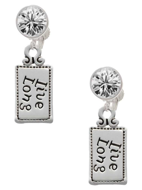 Silver Plated Live Long - Crystal Clip on Earrings: Color Choice - Red, Green, Blue, Purple, Pink, Clear, Black