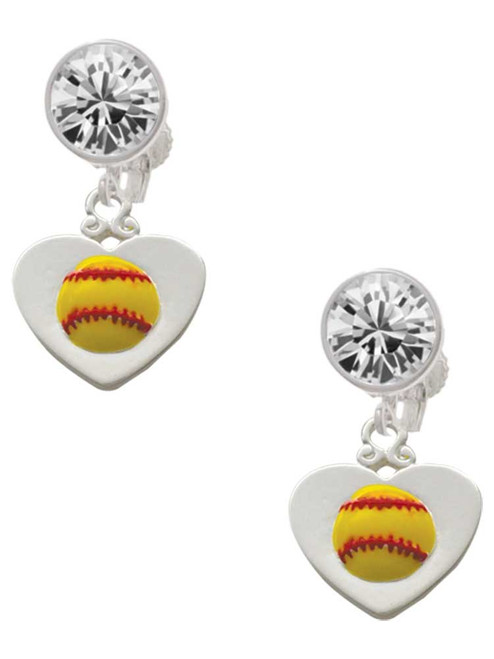 Silver Plated Softball in Heart - Crystal Clip on Earrings: Color Choice - Red, Green, Blue, Purple, Pink, Clear, Black