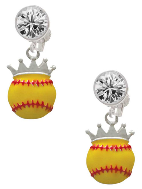 Silver Plated Softball optic yellow - Crown - Crystal Clip on Earrings: Color Choice - Red, Green, Blue, Purple, Pink, Clear, Black