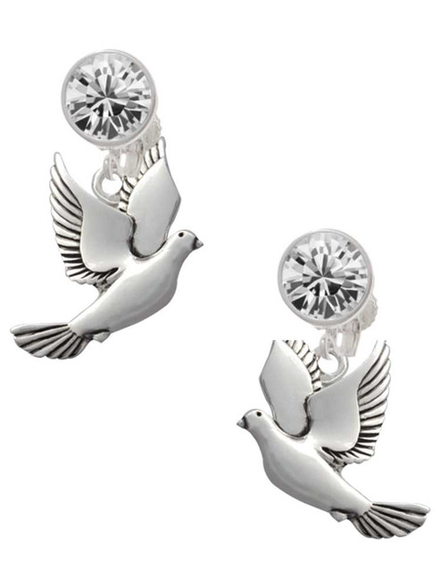 Silver Plated Dove - Crystal Clip on Earrings: Color Choice - Red, Green, Blue, Purple, Pink, Clear, Black