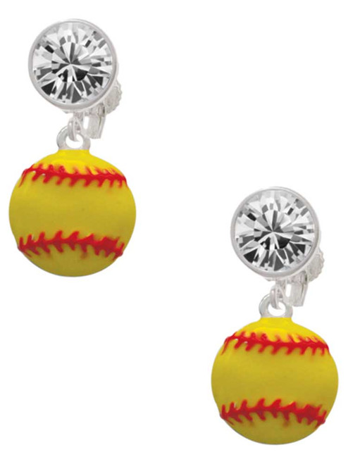 Silver Plated Large Optic Yellow Softball - Crystal Clip on Earrings: Color Choice - Red, Green, Blue, Purple, Pink, Clear, Black
