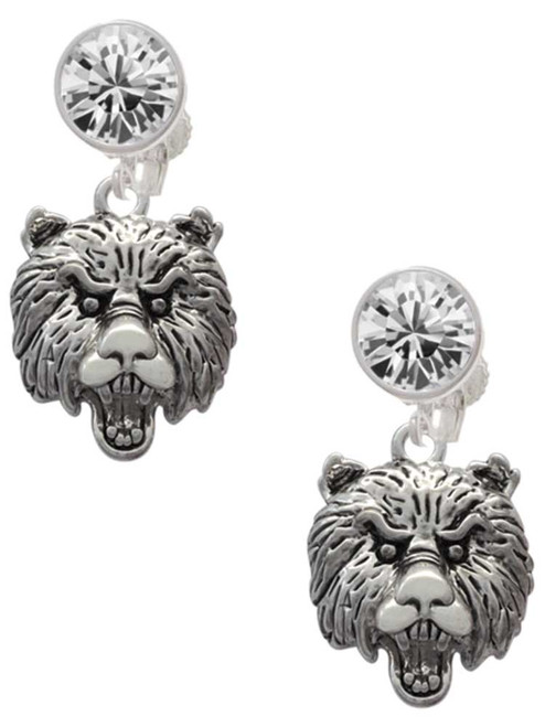 Silver Plated Large Bear - Mascot - Crystal Clip on Earrings: Color Choice - Red, Green, Blue, Purple, Pink, Clear, Black