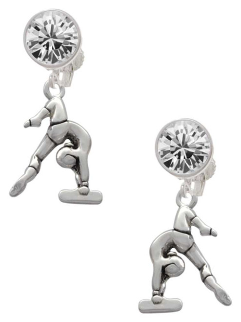 Silver Plated Gymnast Balance Beam - Crystal Clip on Earrings: Color Choice - Red, Green, Blue, Purple, Pink, Clear, Black