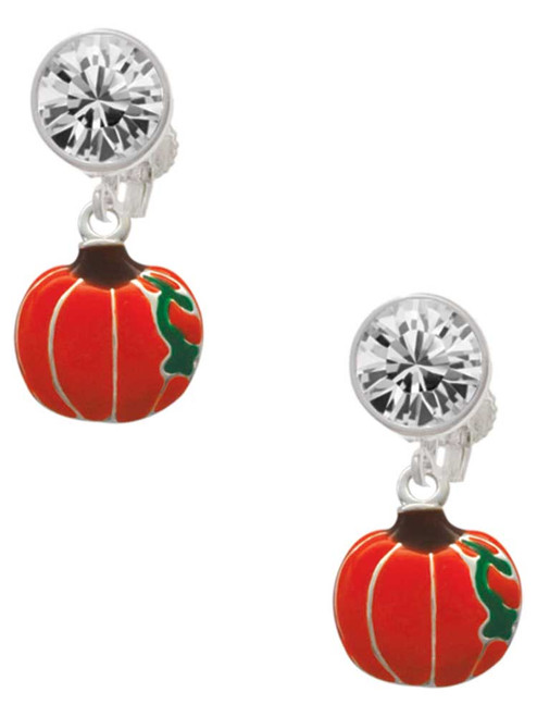 Silver Plated Small Pumpkin With Lines - Crystal Clip on Earrings: Color Choice - Red, Green, Blue, Purple, Pink, Clear, Black