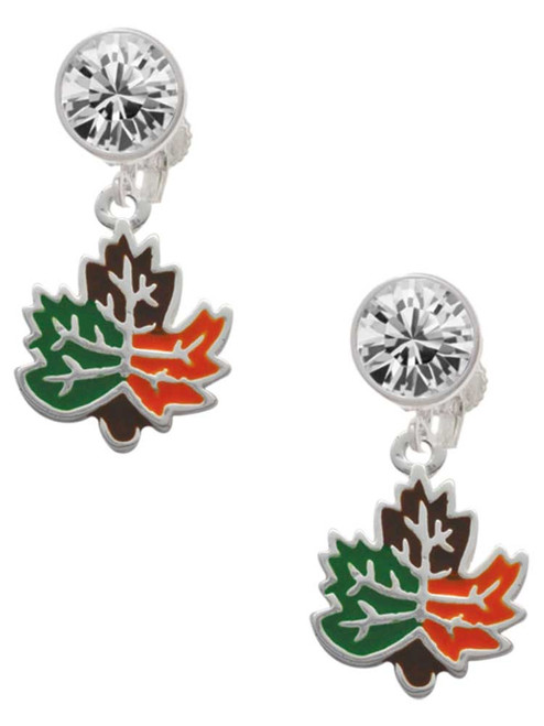 Silver Plated Large Enamel Fall Leaf - Crystal Clip on Earrings: Color Choice - Red, Green, Blue, Purple, Pink, Clear, Black
