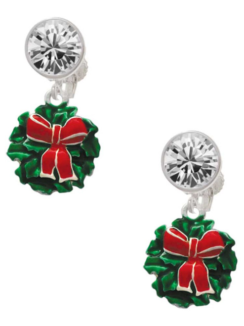 Enamel Wreath with Bow - Crystal Clip on Earrings: Color Choice - Red, Green, Blue, Purple, Pink, Clear, Black