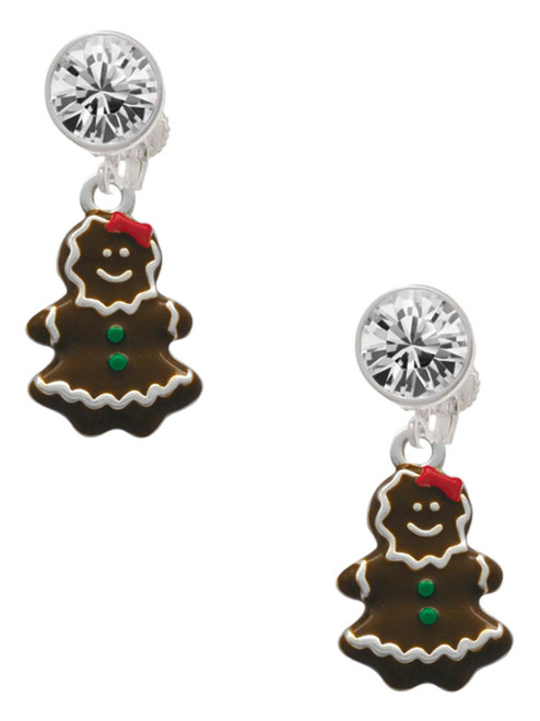 Enamel Gingerbread Cookie Girl - Crystal Clip on Earrings: Color Choice - Red, Green, Blue, Purple, Pink, Clear, Black