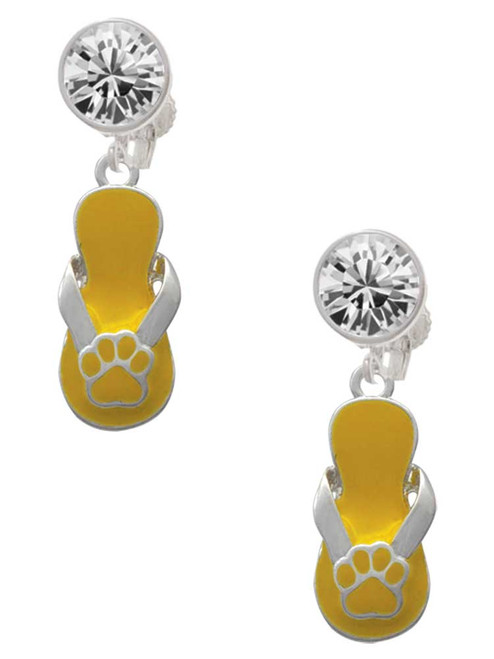 Silver Plated Yellow Paw Flip Flop - Crystal Clip on Earrings: Color Choice - Red, Green, Blue, Purple, Pink, Clear, Black