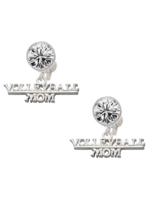 Silver Plated Volleyball Mom - Crystal Clip on Earrings: Color Choice - Red, Green, Blue, Purple, Pink, Clear, Black